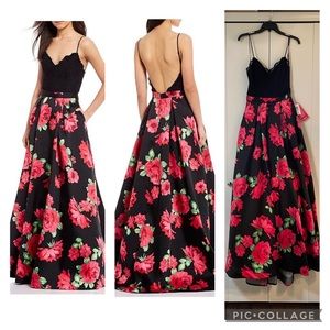 B. Darlin Scalloped Lace Bodice Floral Ball Gown